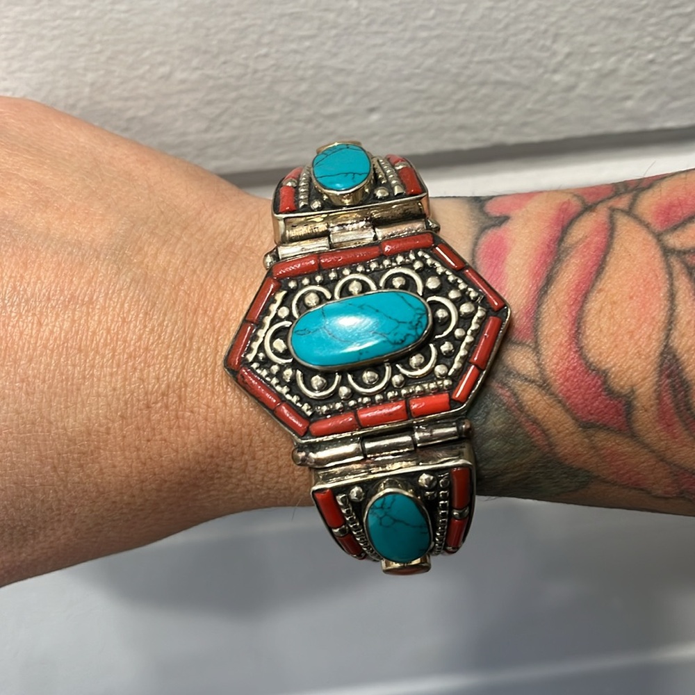 Tibetan Silver New Turquoise and Coral Bracelet.